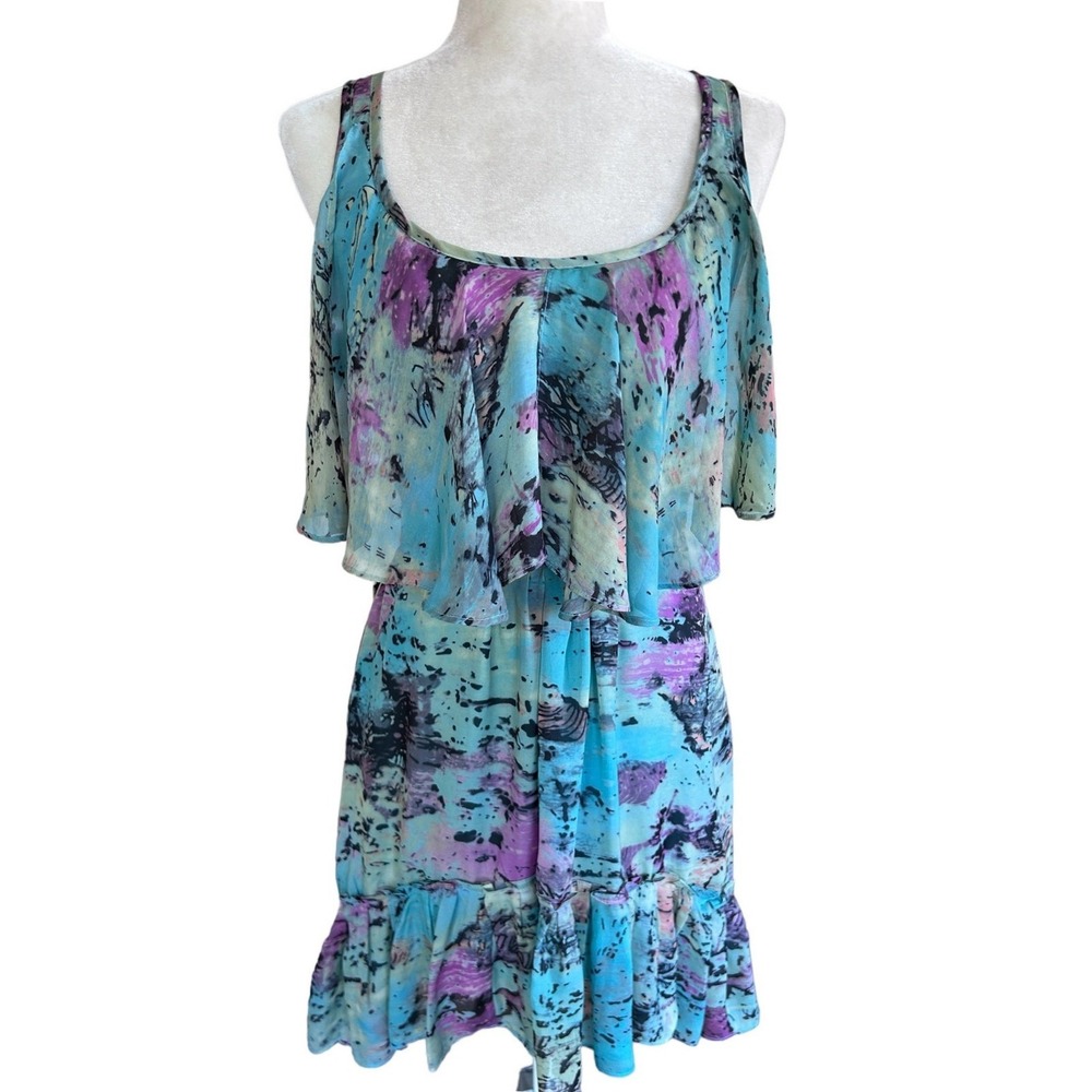 Akira Black Label Floral Dress‎ Small Blue Green Ruffle Hi Low Flowy Feminine
